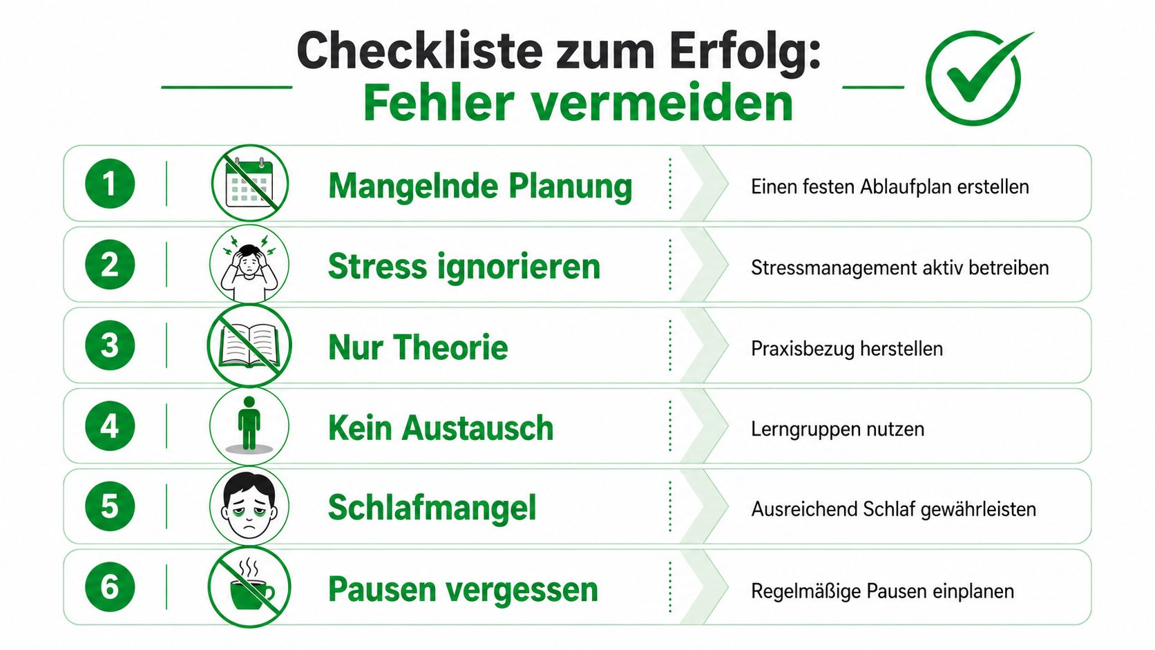 Eine Checkliste zum Erfolg zeigt sechs häufige Fehler bei der Prüfungsvorbereitung und die passenden Lösungen dafür an.