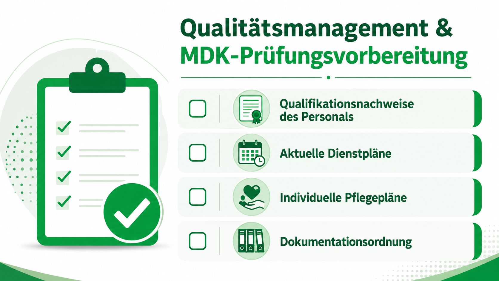 Eine Checkliste für das Qualitätsmanagement und die MDK-Prüfungsvorbereitung in der Pflege mit verschiedenen wichtigen Dokumentationspunkten.
