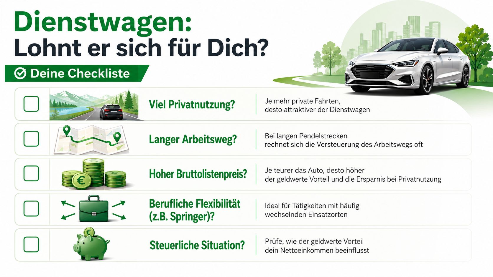Eine Checkliste in deutscher Sprache zur Entscheidungshilfe, ob sich ein Dienstwagen finanziell lohnt oder nicht.