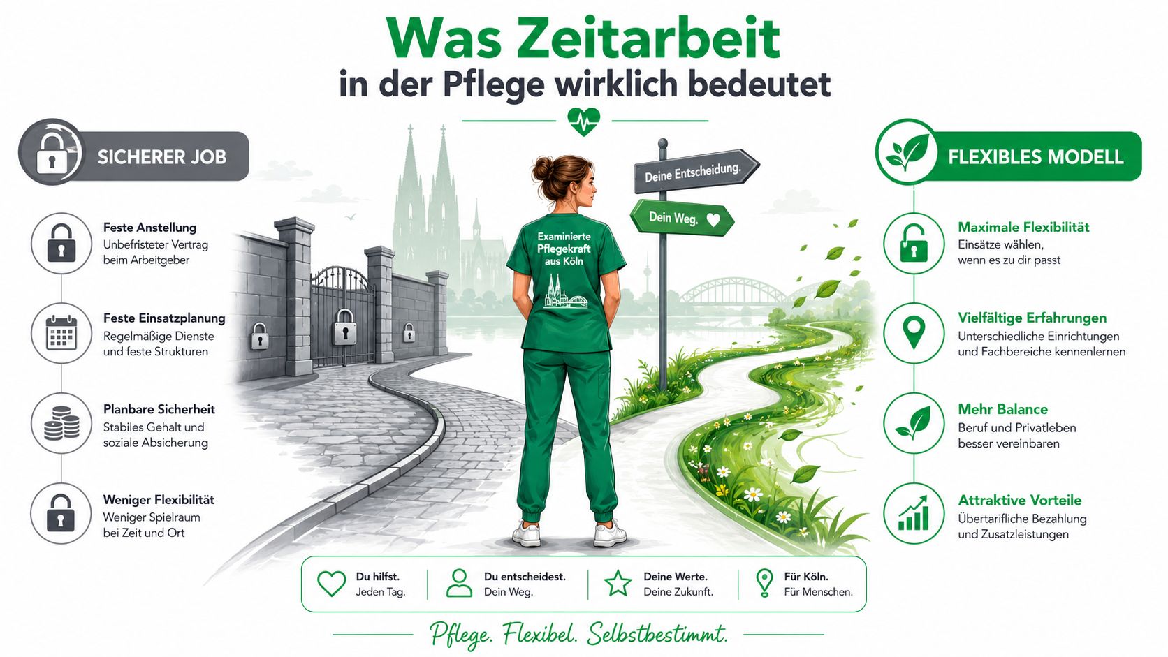 Eine examinierte Pflegekraft in Köln steht vor einer Weggabelung zwischen Sicherheit und Flexibilität in der Zeitarbeit.