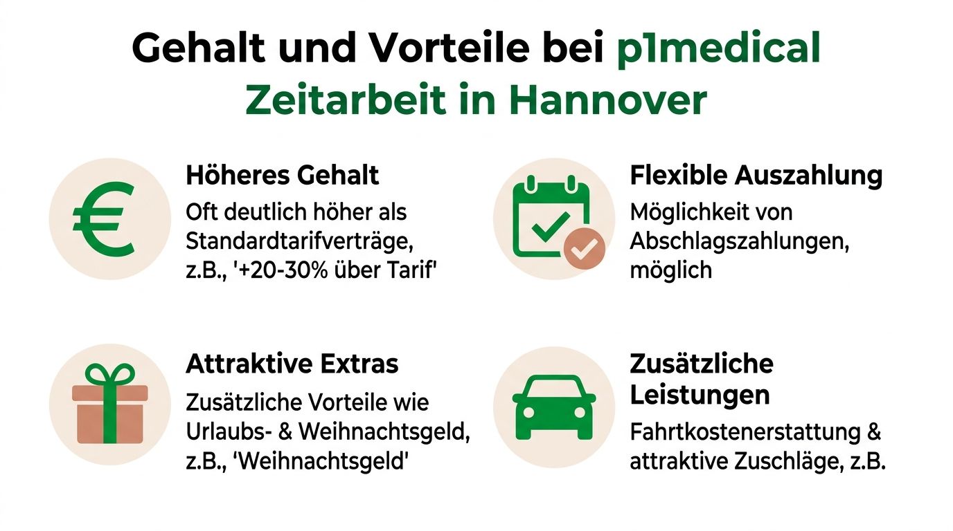 Eine Übersichtsgrafik mit Gehalts- und Vorteilsinformationen für Zeitarbeit in der Pflege bei p1medical in Hannover.