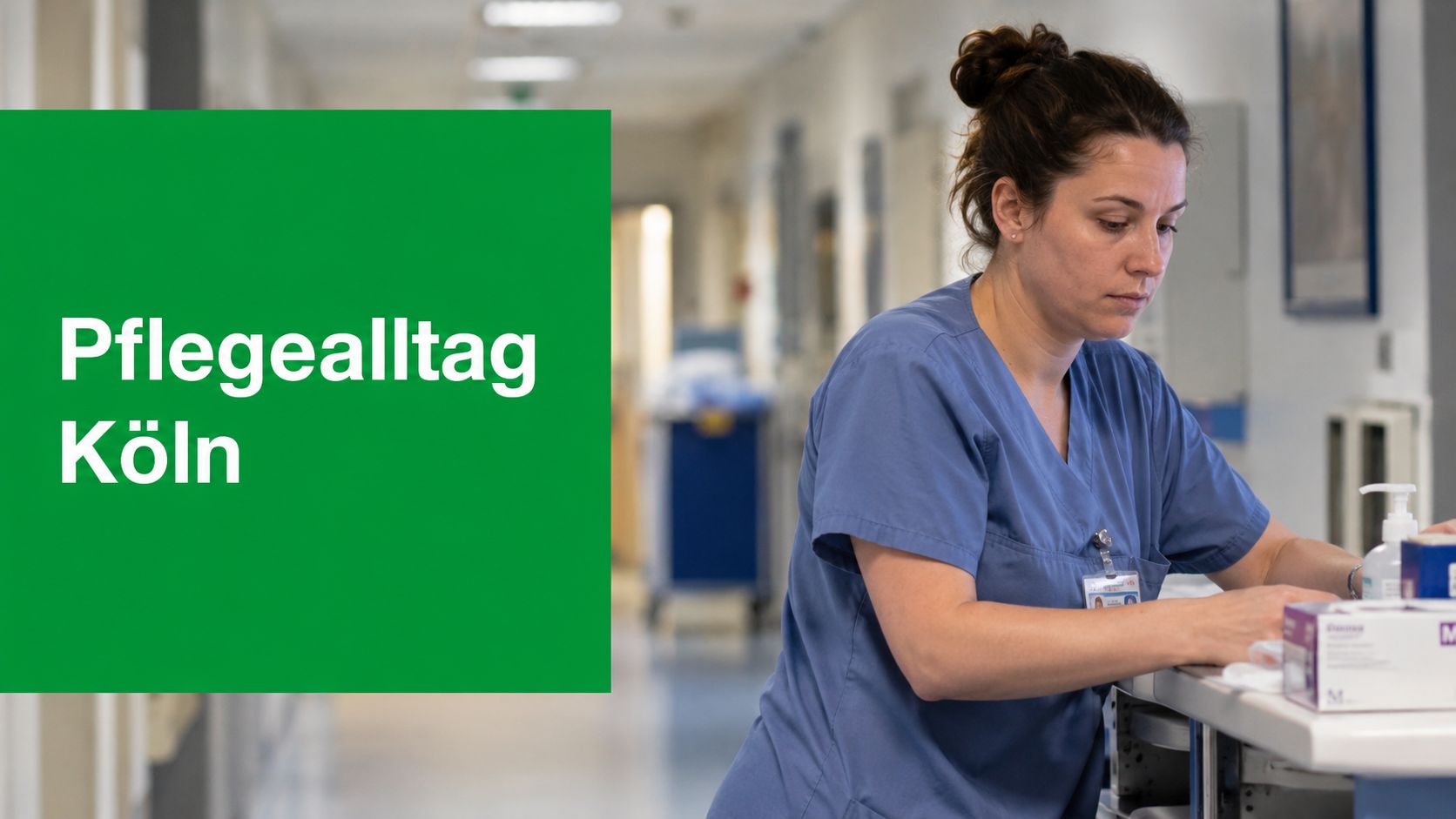 Eine Krankenschwester arbeitet konzentriert in einem Krankenhausflur, während sie medizinische Utensilien auf einem Wagen vorbereitet.