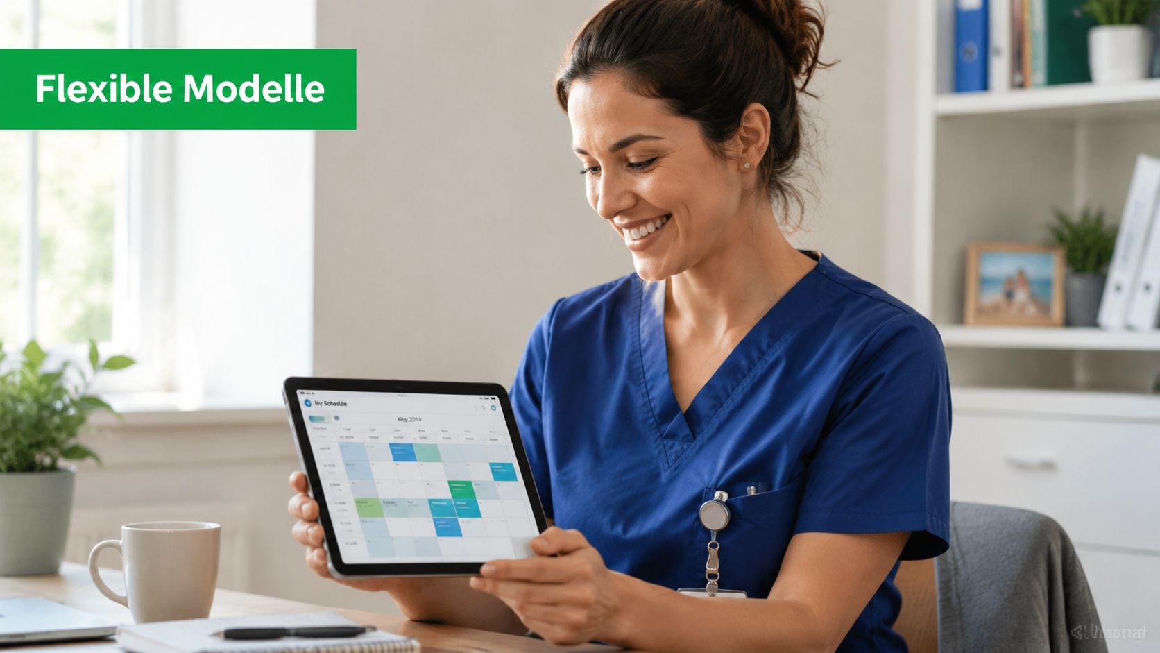 Eine lächelnde Pflegekraft hält ein Tablet mit einem Dienstplan in den Händen, um flexible Arbeitsmodelle zu veranschaulichen.