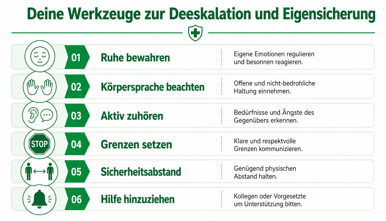 Grafische Übersicht mit sechs Tipps zur Deeskalation und Eigensicherung in professionellen oder pflegerischen Arbeitskontexten.