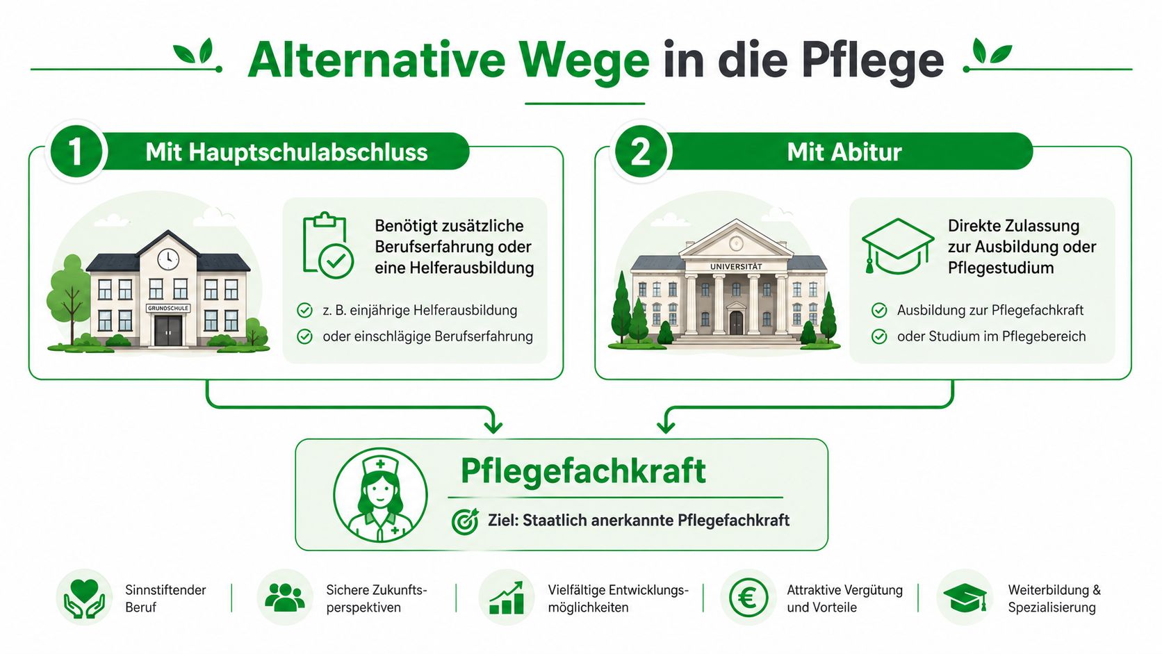 Infografik über alternative Wege in die Pflege mit Hauptschulabschluss oder Abitur zur staatlich anerkannten Pflegefachkraft.