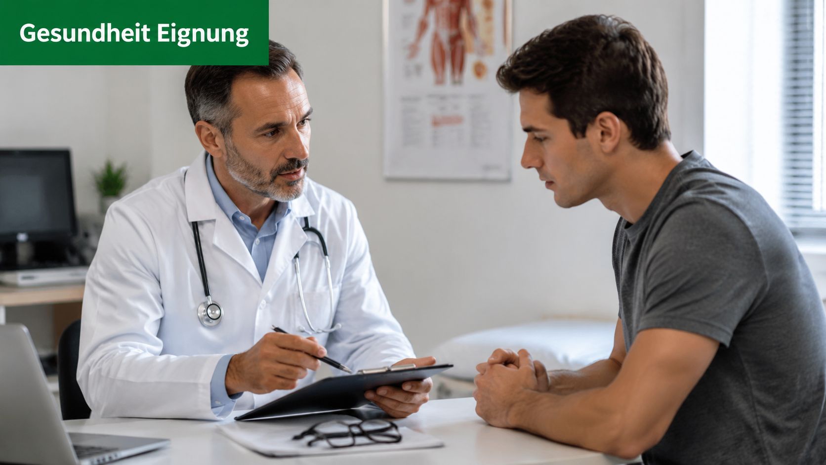 Ein Arzt im weißen Kittel führt ein Beratungsgespräch mit einem Patienten in einer Arztpraxis durch.
