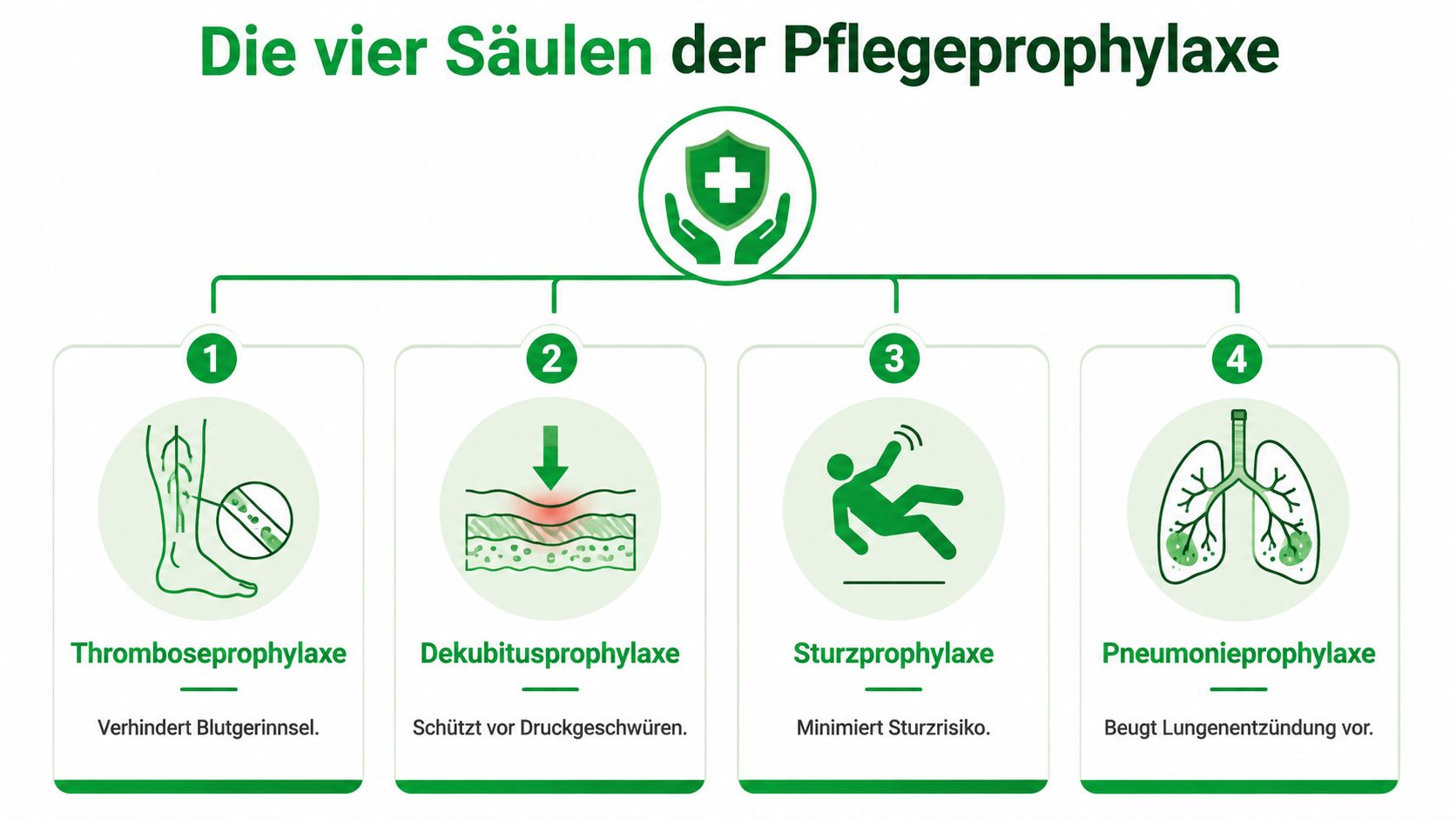 Eine Infografik, die die vier Säulen der Pflegeprophylaxe zeigt: Thrombose-, Dekubitus-, Sturz- und Pneumonieprophylaxe in der Pflege.