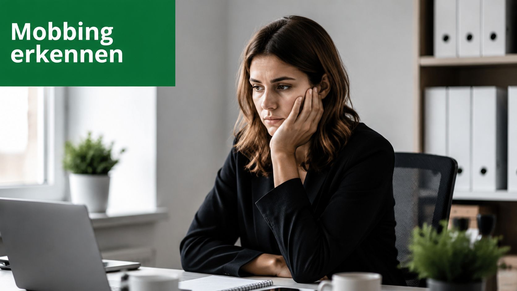 Eine nachdenkliche Frau sitzt vor ihrem Laptop im Büro und wirkt gestresst durch die Arbeitssituation.