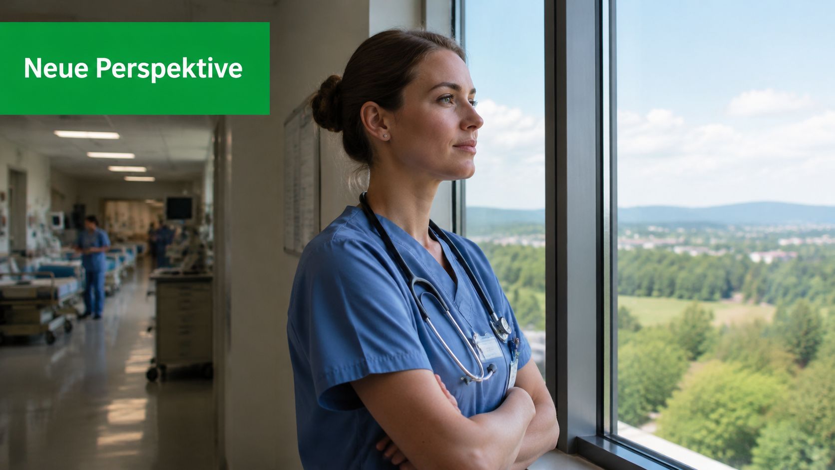 Eine Pflegerin mit Stethoskop schaut nachdenklich aus einem Krankenhausfenster über eine grüne Landschaft.