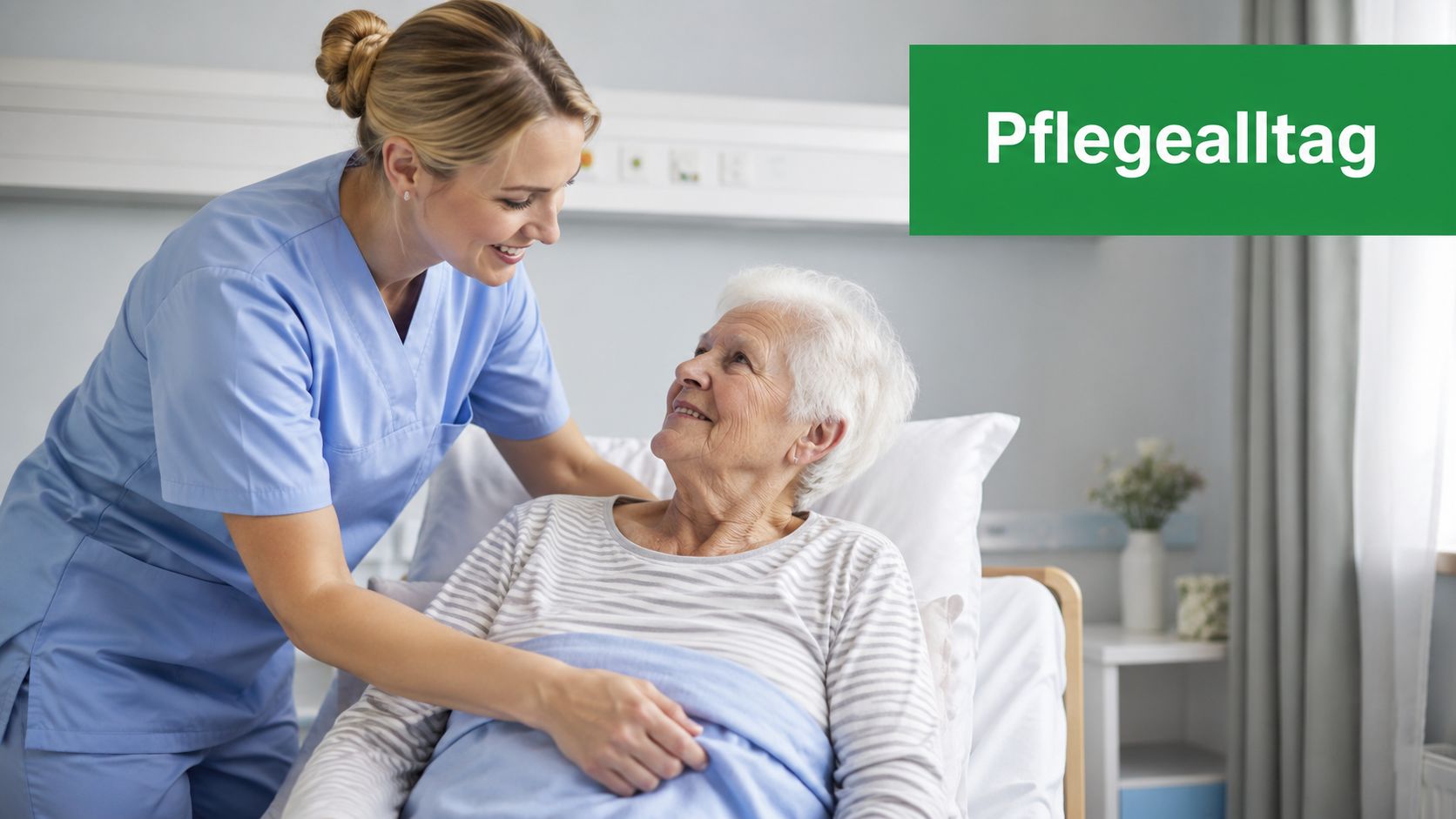 Eine lächelnde Pflegekraft betreut eine ältere Patientin liebevoll, während diese entspannt in einem Krankenhausbett liegt.