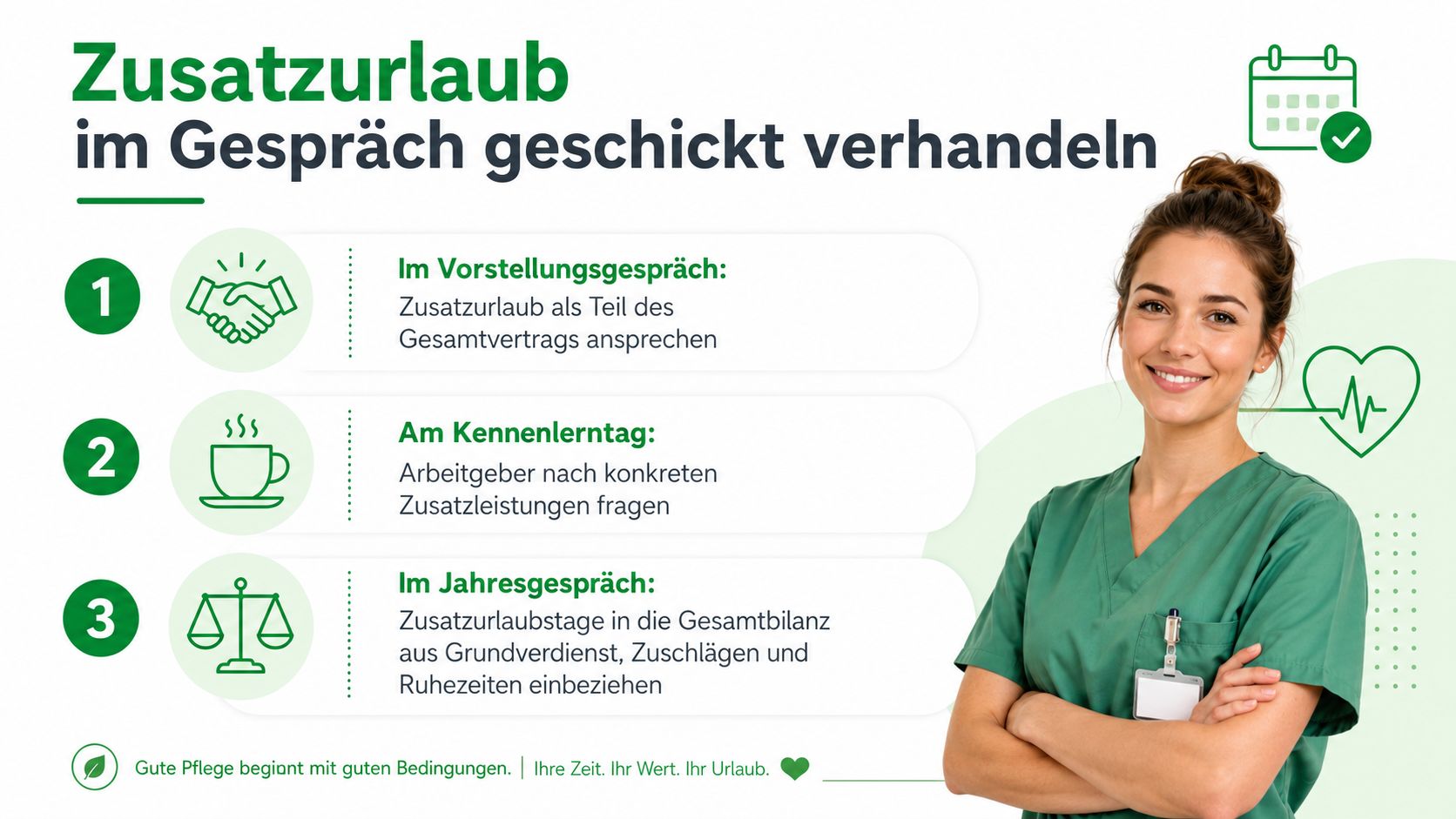 Eine Pflegekraft lächelt, während eine Infografik Tipps gibt, wie man erfolgreich über zusätzlichen Urlaubsanspruch verhandeln kann.