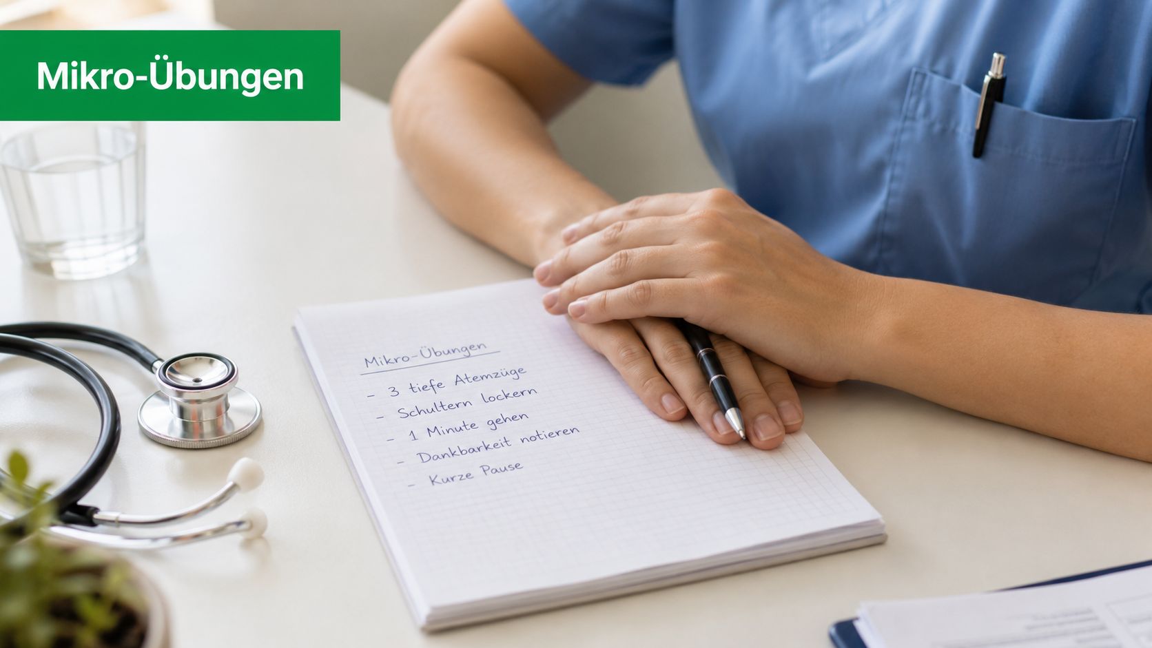 Eine Person im medizinischen Beruf hält einen Stift über eine Liste mit Mikro-Übungen zur Entspannung am Schreibtisch.