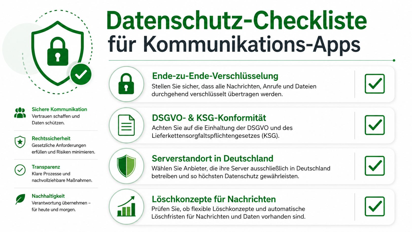 Eine informative Grafik, die eine Datenschutz-Checkliste für sichere Kommunikations-Apps mit vier wichtigen Kriterien auflistet.