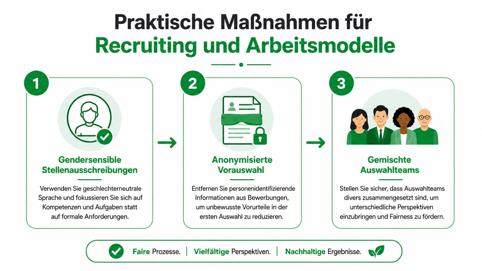 Infografik über praktische Maßnahmen für inklusives Recruiting mit drei Schritten: Gendersensible Ausschreibungen, anonymisierte Vorauswahl und gemischte Auswahlteams.