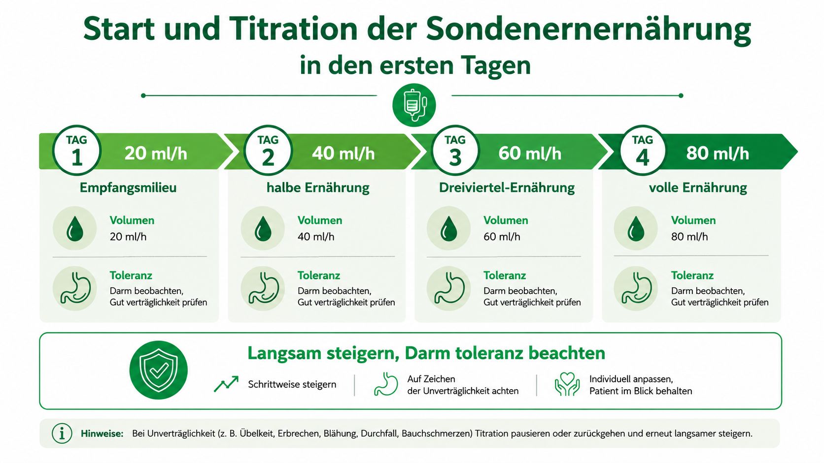 Infografik zur schrittweisen Steigerung der Sondenernährung von 20 ml/h bis 80 ml/h an den ersten vier Tagen.