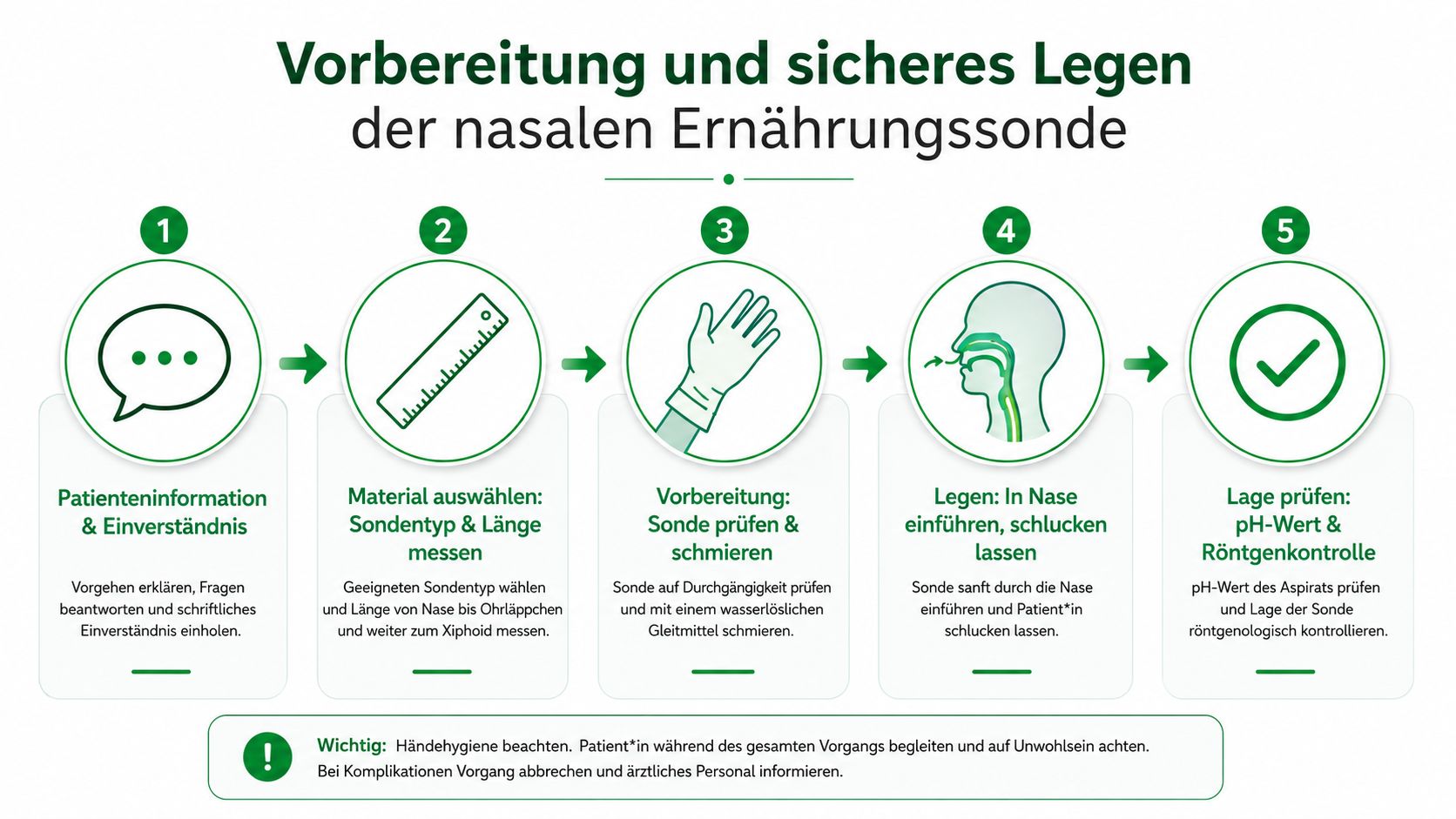 Eine Infografik zur schrittweisen Vorbereitung und zum sicheren Legen einer nasalen Ernährungssonde bei Patienten in der Pflege.