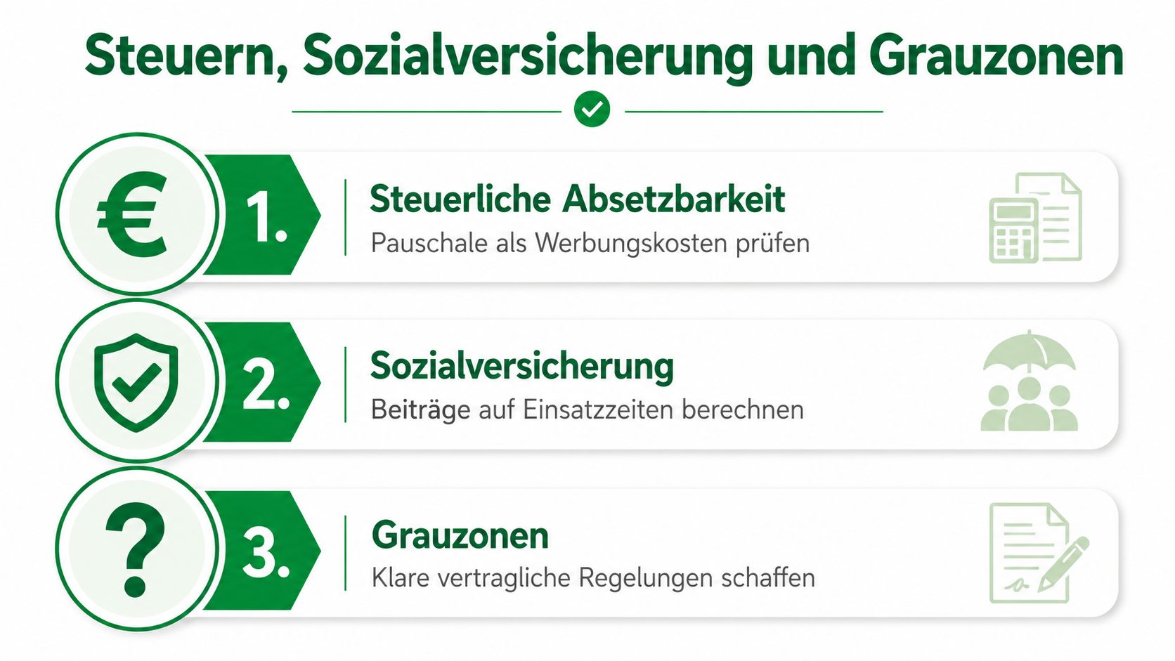Infografik zu Steuern, Sozialversicherung und Grauzonen bei der Vergütung der Rufbereitschaft in drei einfachen Schritten dargestellt.