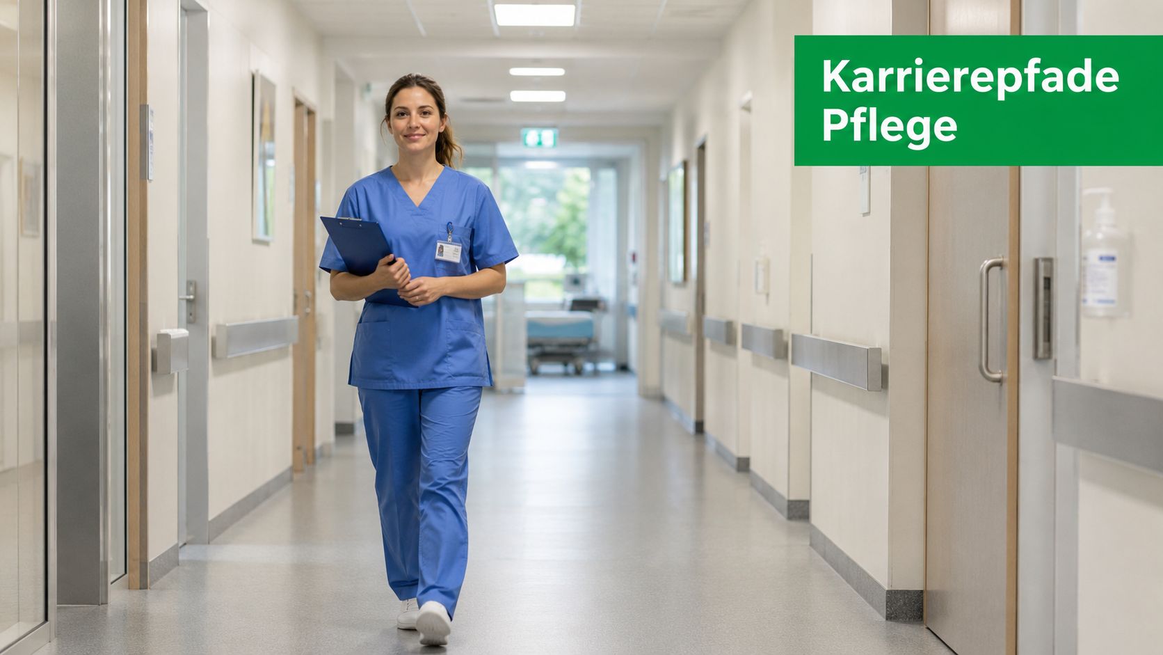 Eine freundliche Krankenschwester läuft mit einem Klemmbrett durch den hellen Flur eines Krankenhauses.