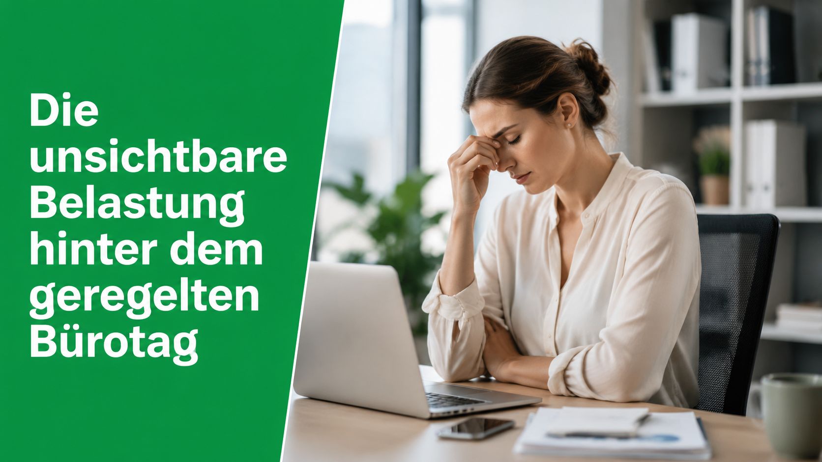 Eine gestresste Büroangestellte sitzt an ihrem Schreibtisch und reibt sich mit schmerzhaftem Ausdruck die Augen.