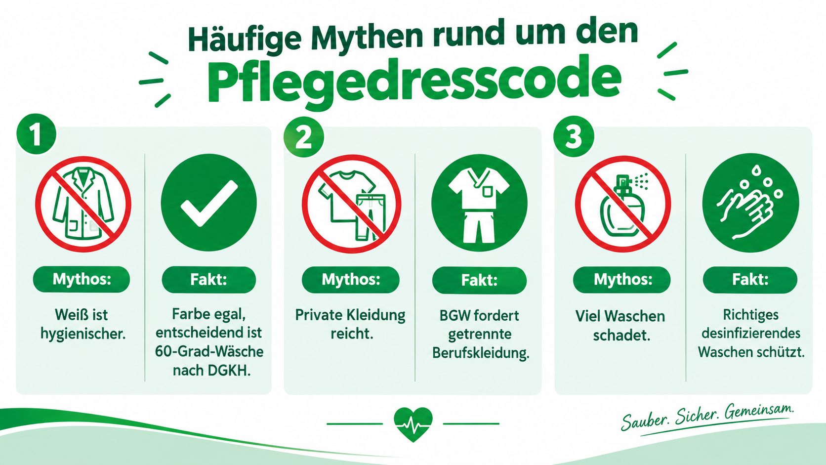 Infografik über drei gängige Mythen und Fakten zum Dresscode in der Pflege und Hygienevorschriften.